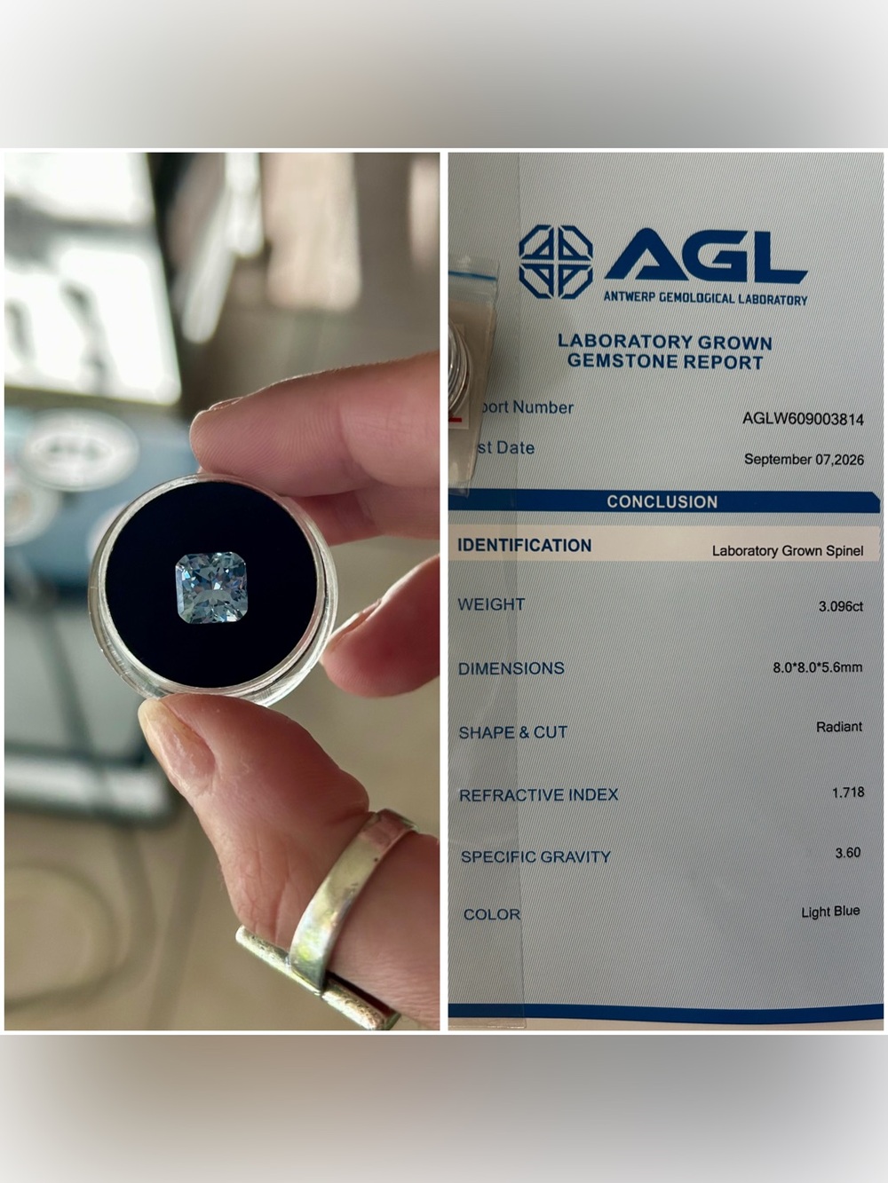 AGL Certified Laboratory Grown Spinel 3.096ct Light Dusty Blue Radiant Gemstone